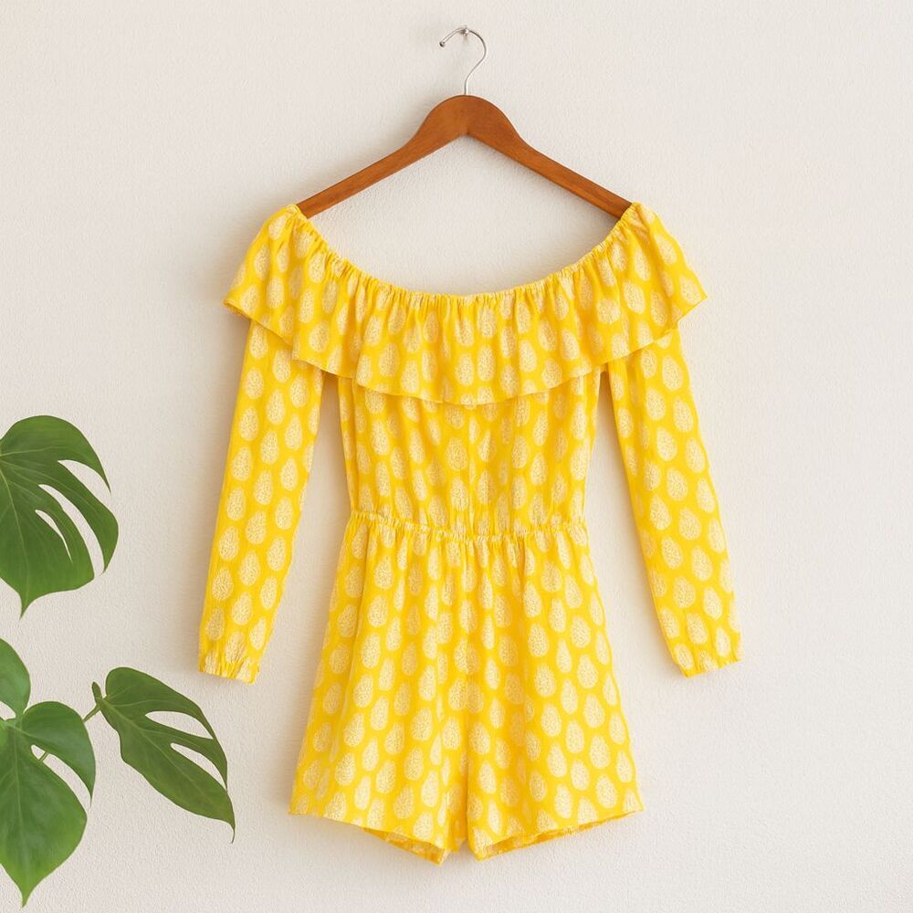 Michael Kors Women’s S Yellow Boho Ruffle Off Shoulder Romper Long Sleeve Casual - Picture 2 of 8